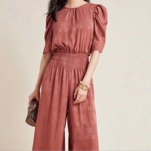 Anthropologie Current Air Rust Rose Floral Jumpsuit - Puff Sleeves - Size LP